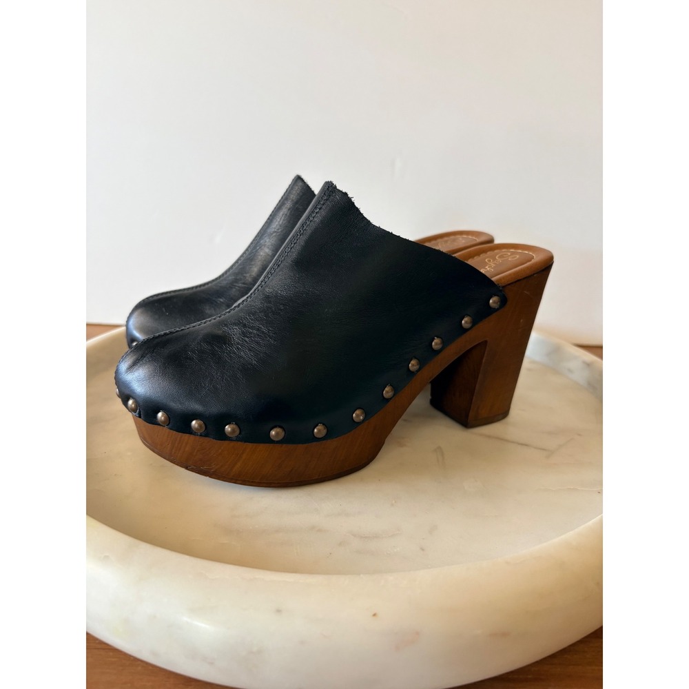 Seychelles Black Leather Studded Wooden Platform Clogs Made in Italy Size 6.5